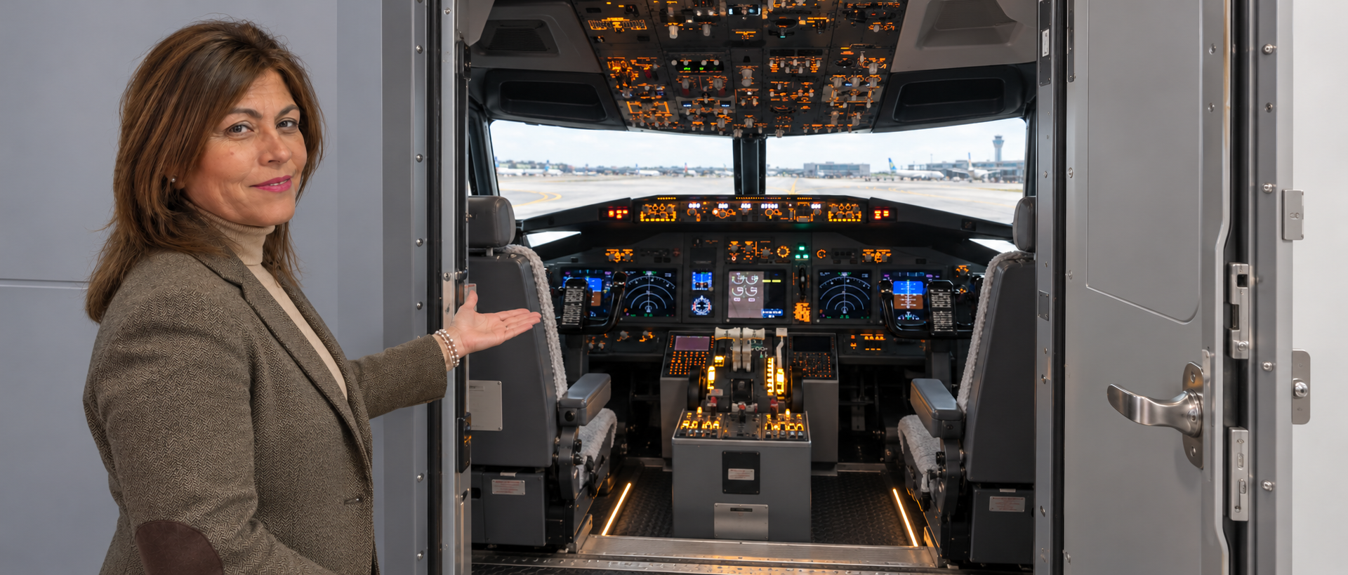 Presentation of a Boeing 737 simulator at its open cockpit doorway