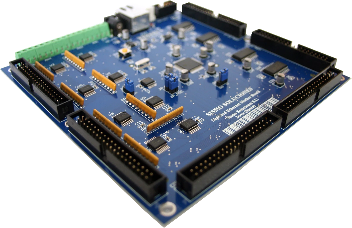 SISMO-designed SimCard Ethernet motherboard with its RJ45 Ethernet connector, control chips and module connections